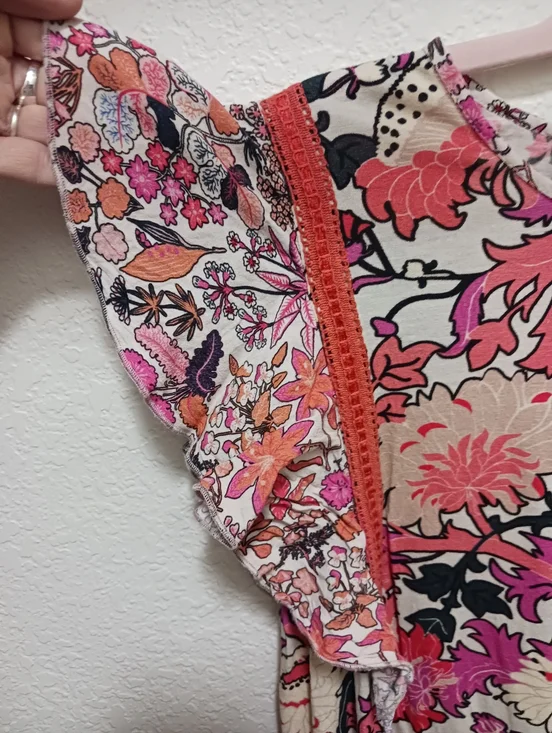 Floral Flutter Sleeve Top X-small, Pink, Coral, Purple, Orange -- Colorful! - Picture 2 of 5
